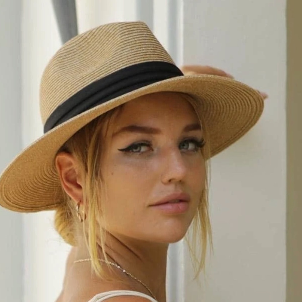 Boho Straw Ribbon Detail Minimalist Fedora Hat - Picture 3 of 5